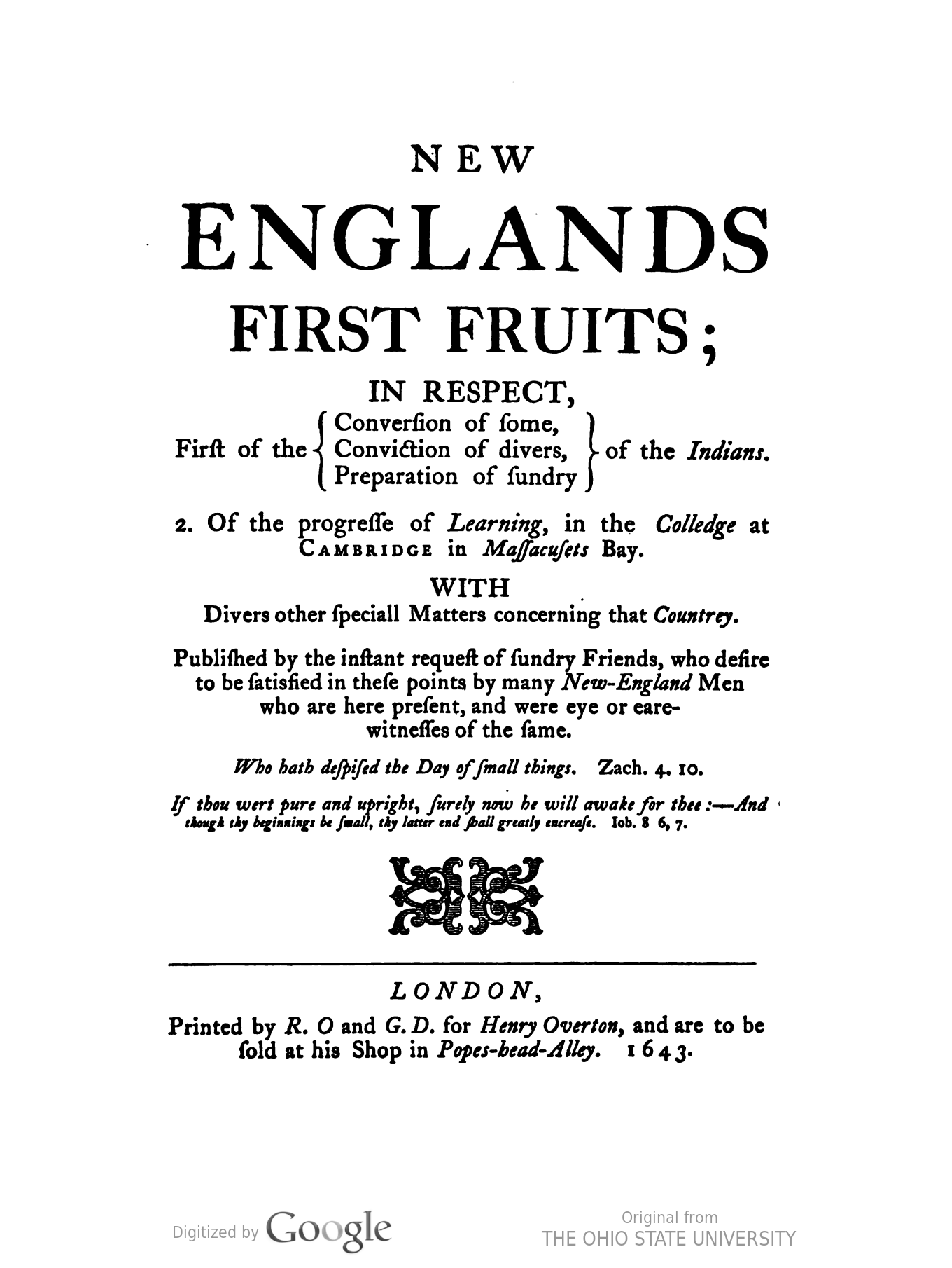 New England’s First Fruits, Book