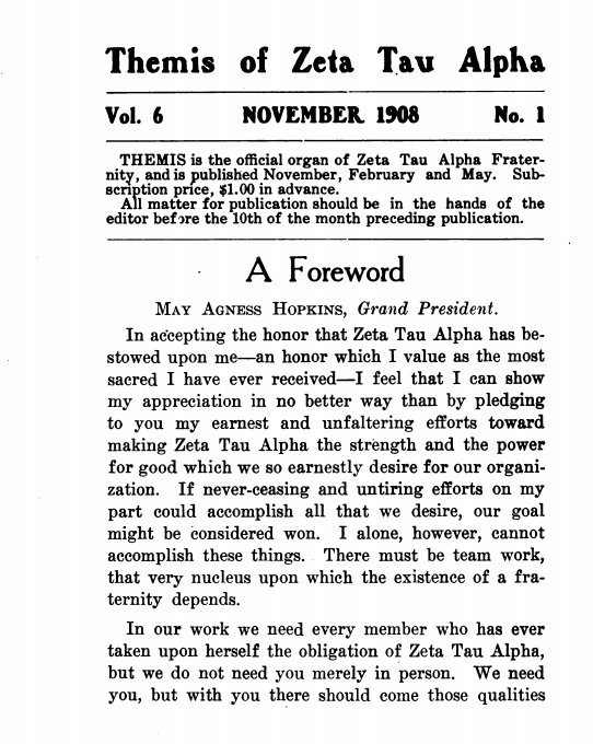 Themis of Zeta Tau Alpha (1908-1909), Newsletter