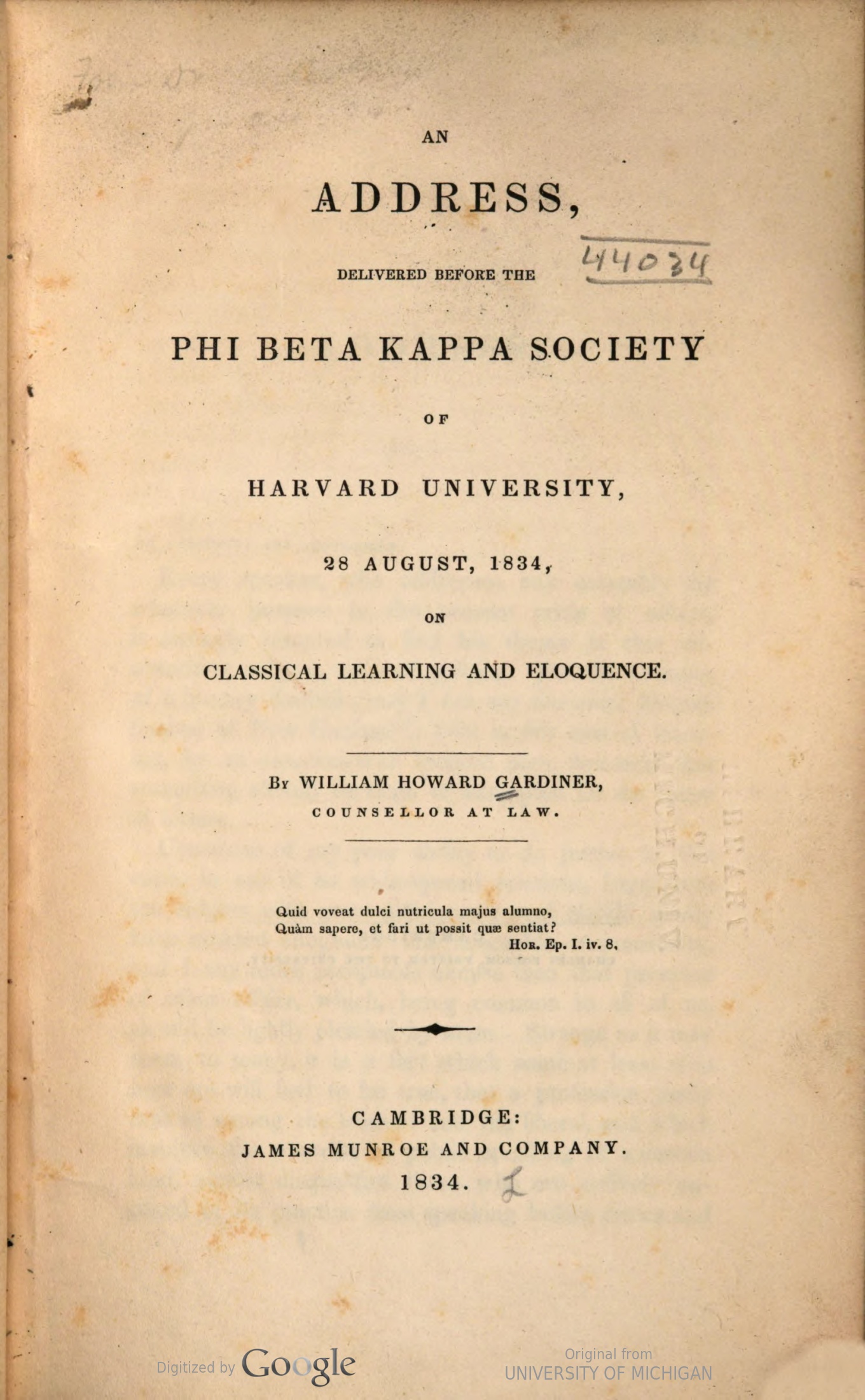 An address, delivered before the Phi Beta Kappa Society of Harvard University, Essay