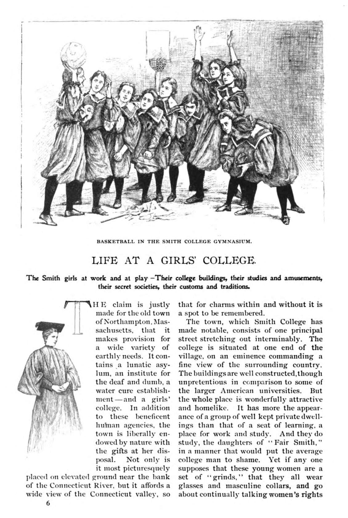 The first page of the article, Life at a Girls College, showing the opening text under an illustration of a group of women in winter coats.