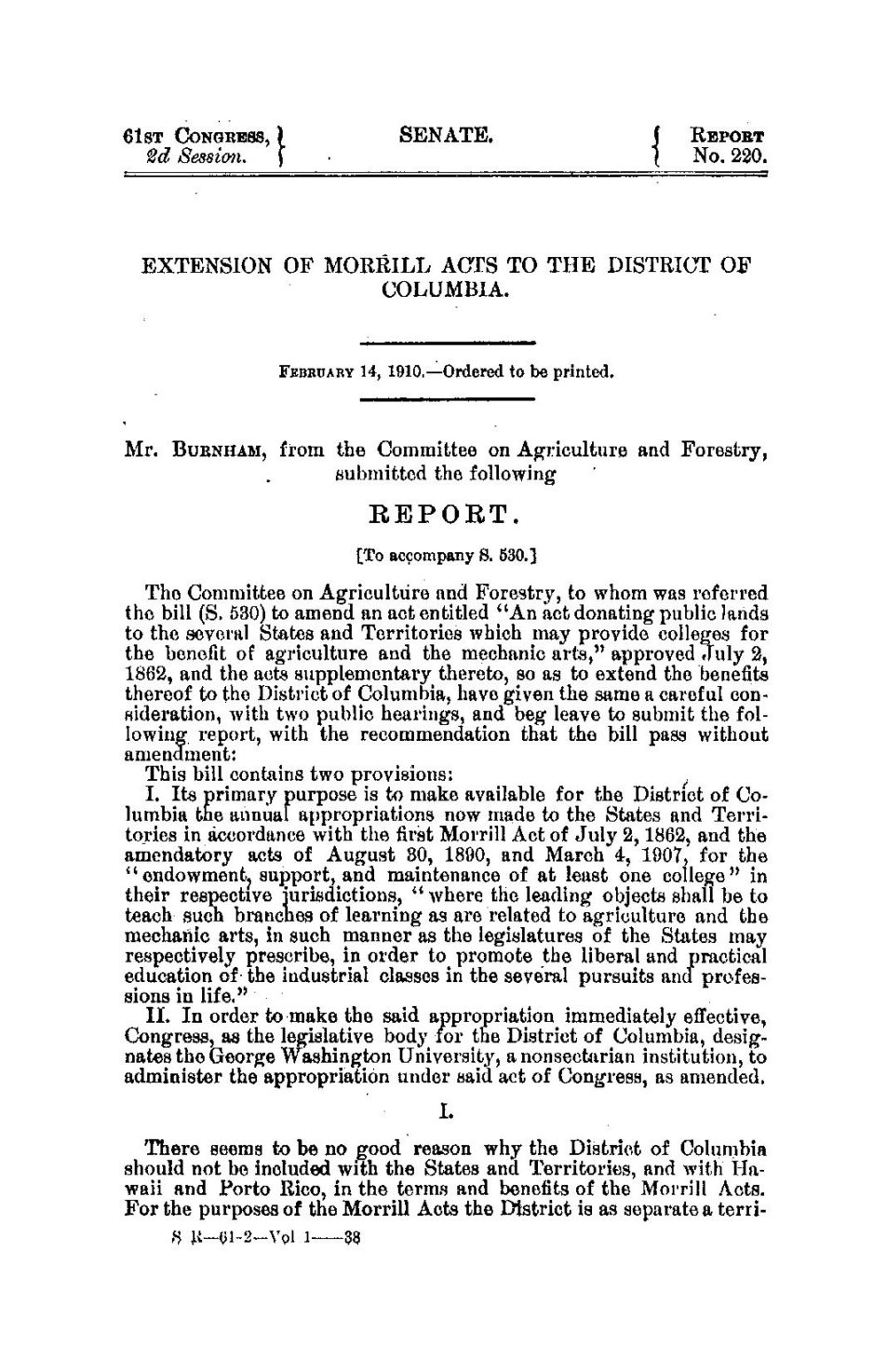 Report on Morrill Act Extension of 1910, Legislation