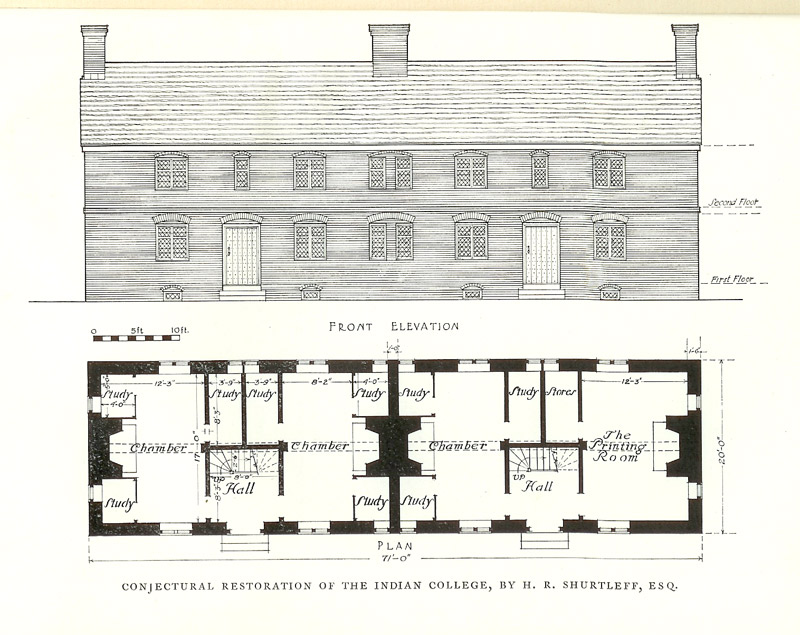Sketch of Harvard Indian College Building blueprint depicting the exterior side and interior floorplan.