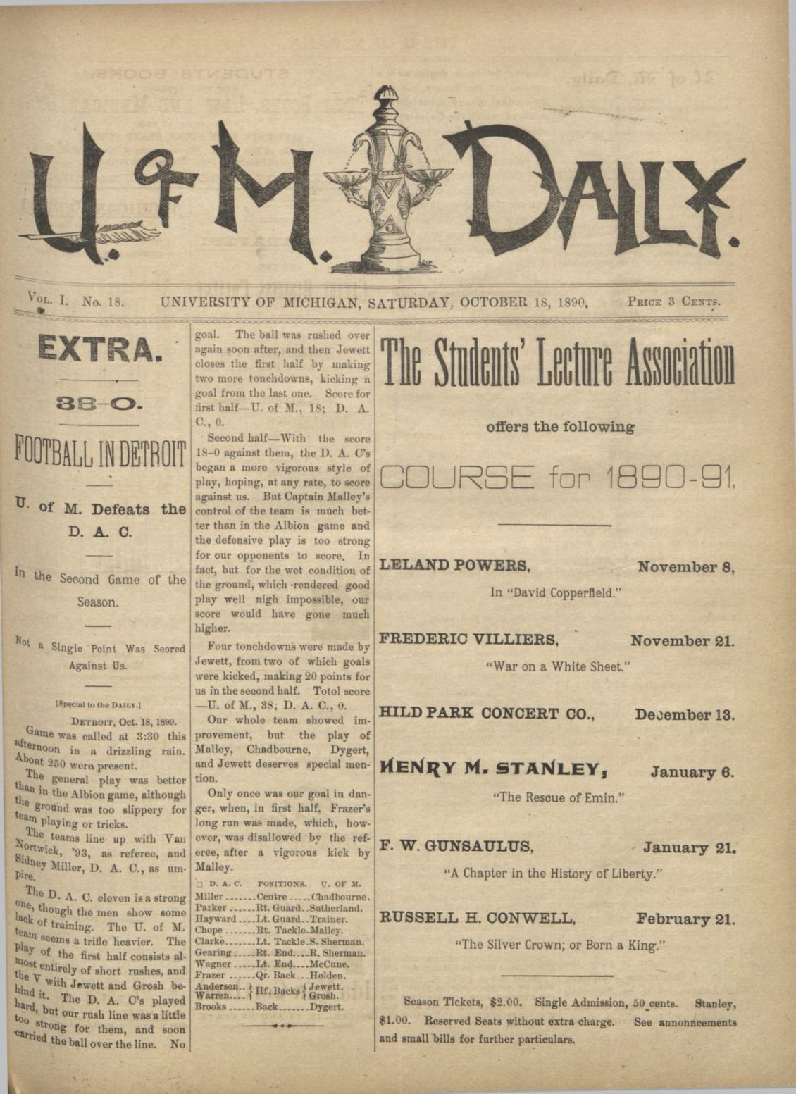 First page of a newspaper, including stylized text for the title, U of M Daily, and text below it.