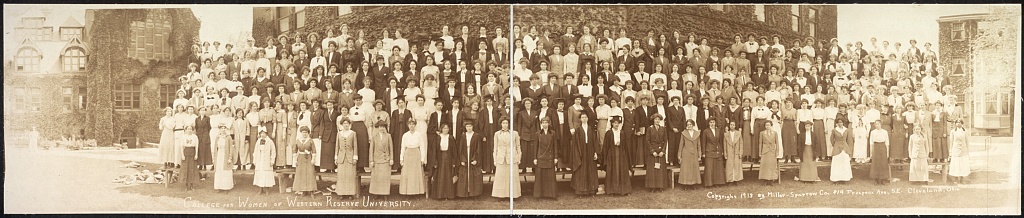 Black and white photograph of a class of women attending the College for Women of Western Reserve University.