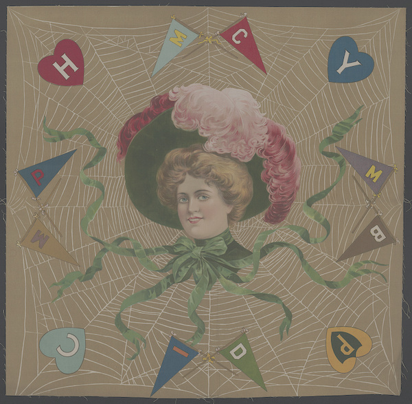 Portrait drawing of a woman wearing a large hat, smiling. Around her neck are ribbons that extend towards various college flags that are held in place by a spider web.