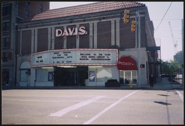 Photograph shows the Davis Theatre with the marquee welcoming Rosa Parks and announcing the groundbreaking for the Rosa Parks Library and Museum on the campus of Troy State University (now Troy University), Troy, Alabama.