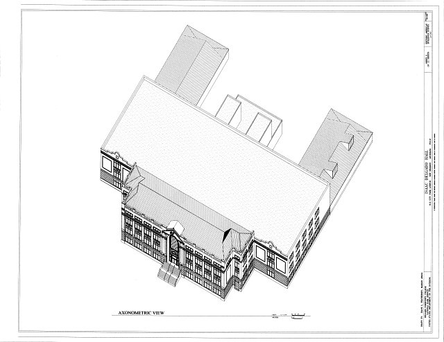 Sketch of an exterior building plan of Delgado Community College. Axonometric rendering of building.