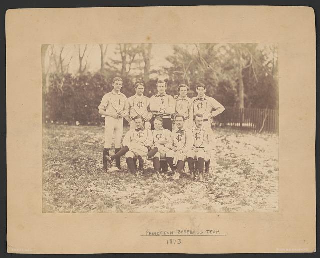 Older, posed photograph of 9 players of the 1873 Princeton Baseball team